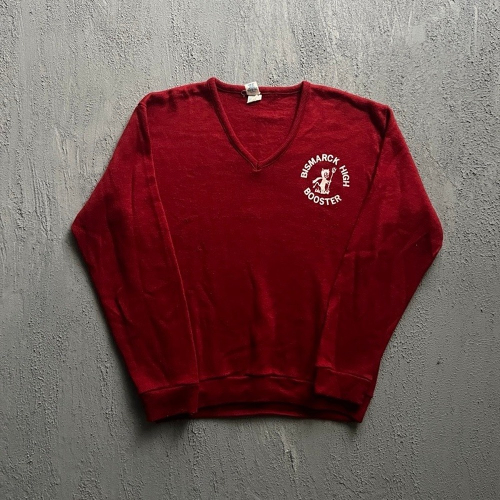 Vintage Bismarck High Booster Sweater‎ Large Red 1970s V-Neck Devil